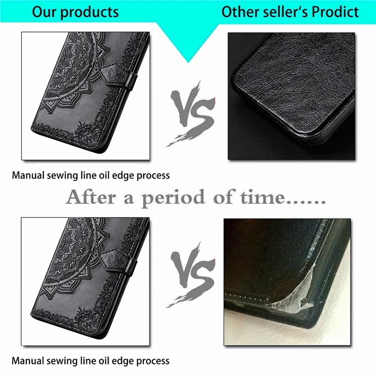 Stand Function Embossed Mandala Pattern Leather Flip Case Wallet Cover with Strap for Samsung Galaxy S22 Ultra 5G - Black