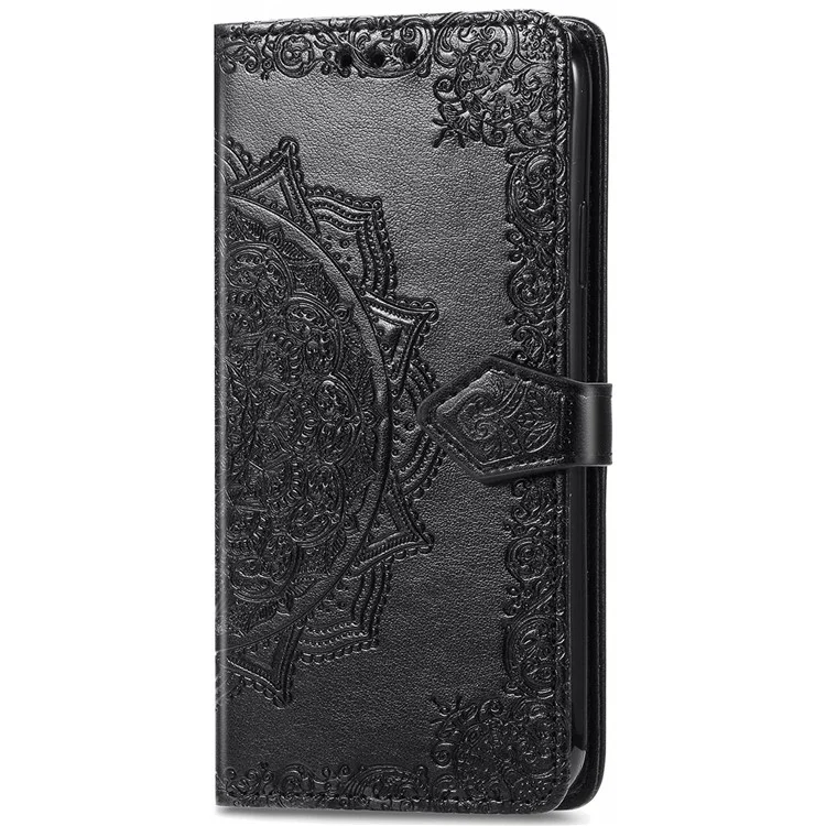 Stand Function Embossed Mandala Pattern Leather Flip Case Wallet Cover with Strap for Samsung Galaxy S22 Ultra 5G - Black