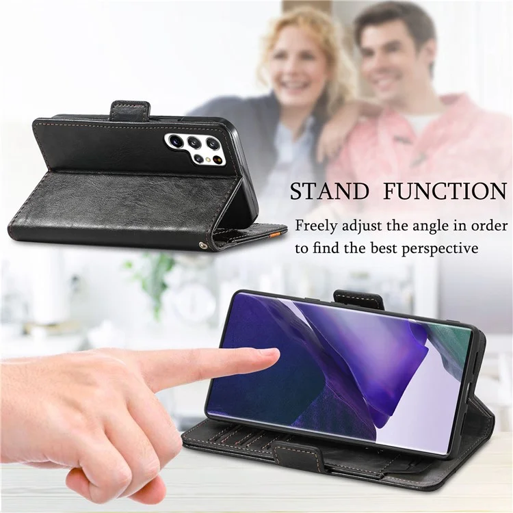 For Samsung Galaxy S22 Ultra 5G Phone Cases CASENEO PU Leather Cover Stand with RFID Blocking Wallet - Black