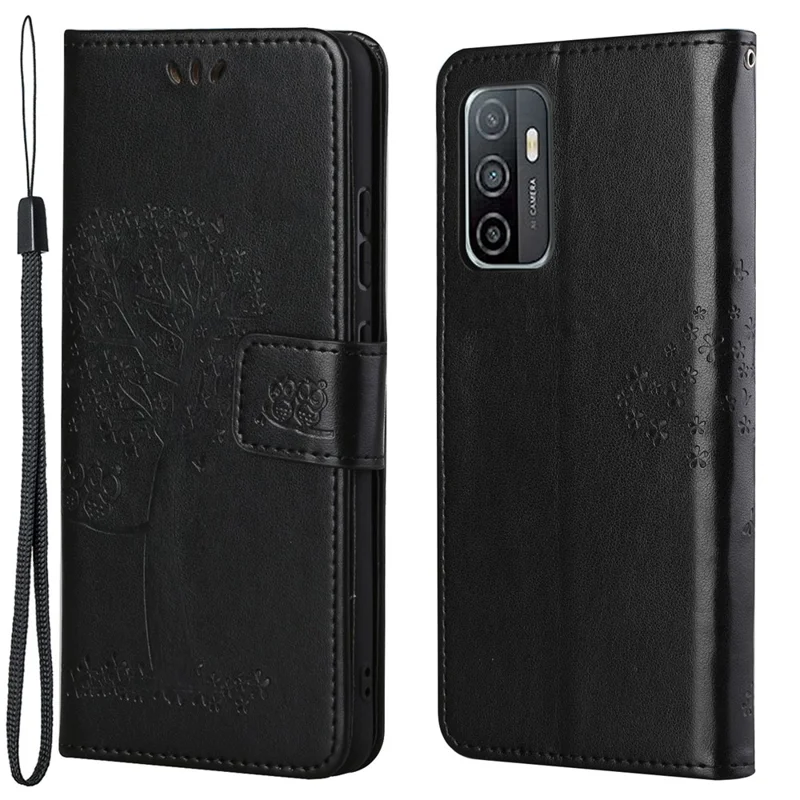 Owl Tree Imprinted Design PU Leather Flip Folio Case Wallet Stand Protective Cover with Strap for Samsung Galaxy A33 5G - Black