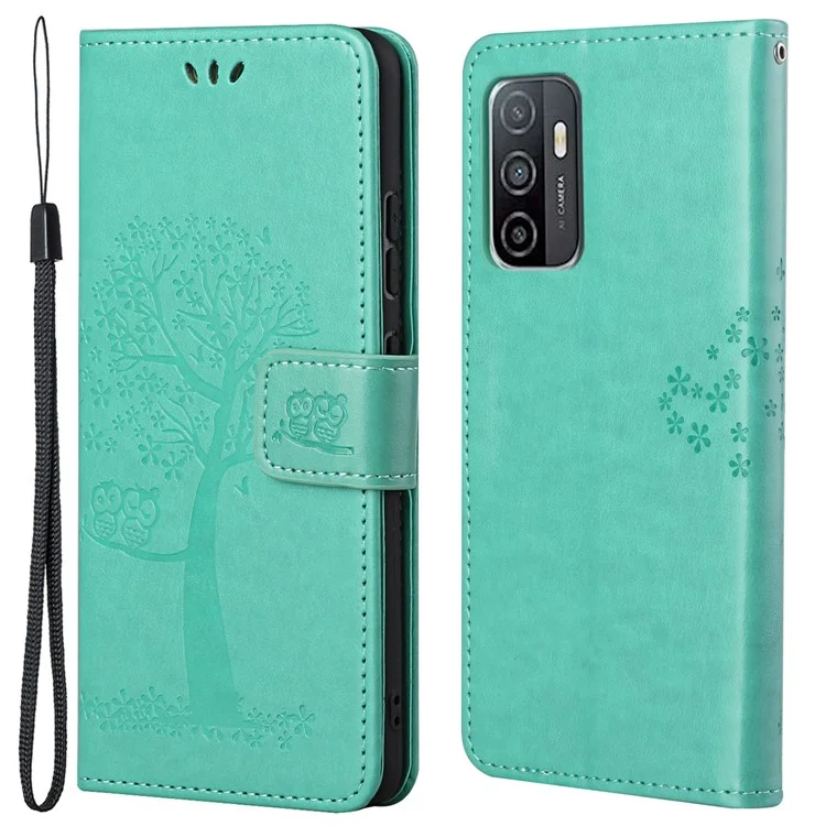 PU Leather Owl Tree Imprinted Wallet Flip Case Stand Magnetic Closure Folio Cover with Strap for Samsung Galaxy A53 5G - Cyan