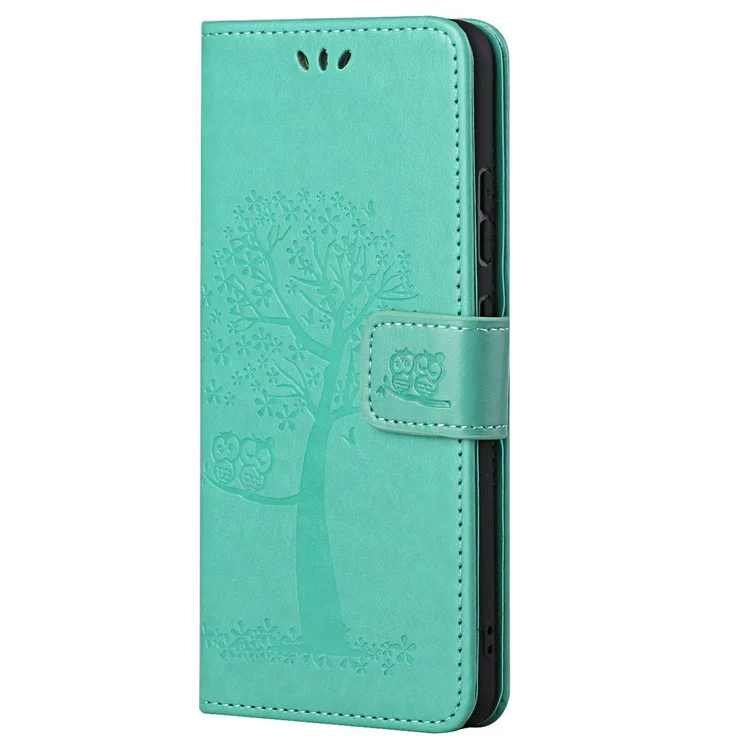 PU Leather Owl Tree Imprinted Wallet Flip Case Stand Magnetic Closure Folio Cover with Strap for Samsung Galaxy A53 5G - Cyan