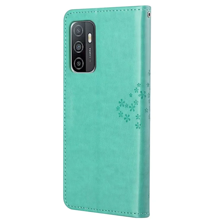 PU Leather Owl Tree Imprinted Wallet Flip Case Stand Magnetic Closure Folio Cover with Strap for Samsung Galaxy A53 5G - Cyan