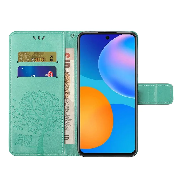 PU Leather Owl Tree Imprinted Wallet Flip Case Stand Magnetic Closure Folio Cover with Strap for Samsung Galaxy A53 5G - Cyan