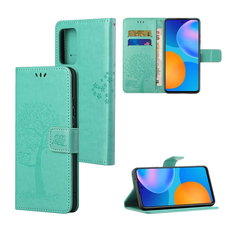 PU Leather Owl Tree Imprinted Wallet Flip Case Stand Magnetic Closure Folio Cover with Strap for Samsung Galaxy A53 5G - Cyan
