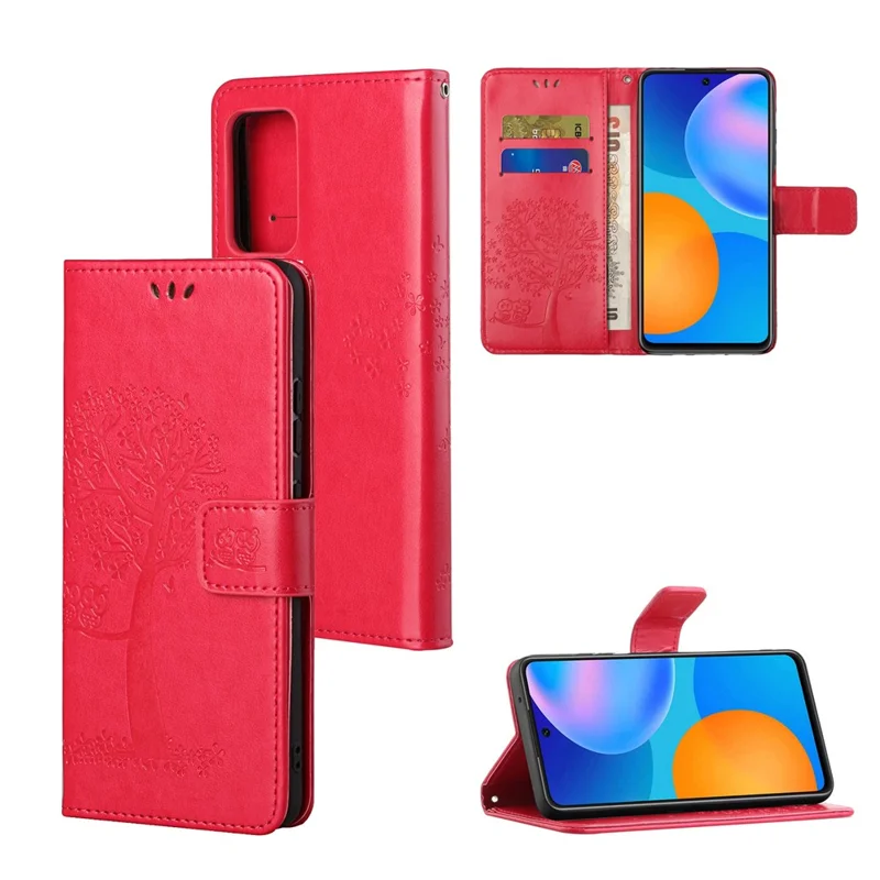 PU Leather Owl Tree Imprinted Wallet Flip Case Stand Magnetic Closure Folio Cover with Strap for Samsung Galaxy A53 5G - Red