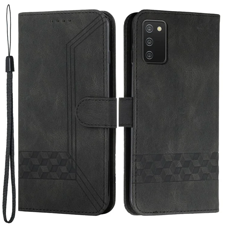 YX0010 Skin-touch Feeling Rhombus Lines Imprinting Wallet Stand Leather Case Cover with Carrying Strap for Samsung Galaxy A02s (164.2x75.9x9.1mm) - Black