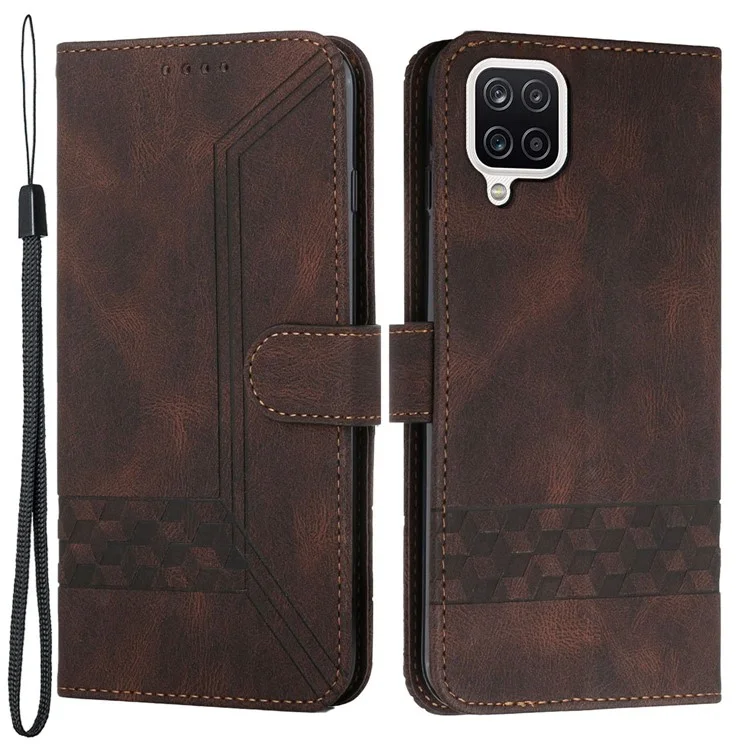 YX 0010 Imprinted Rhombus and Lines Flip Phone Case Skin-touch Feel Leather Phone Cover for Samsung Galaxy A12 - Brown