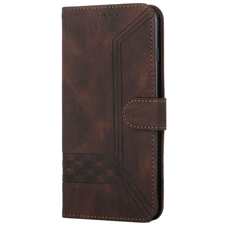 YX 0010 Imprinted Rhombus and Lines Flip Phone Case Skin-touch Feel Leather Phone Cover for Samsung Galaxy A12 - Brown