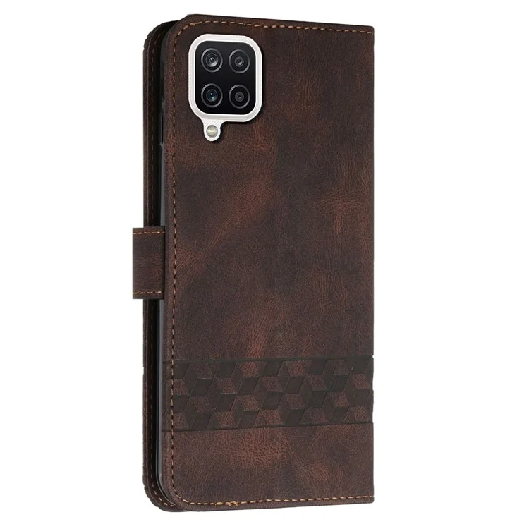 YX 0010 Imprinted Rhombus and Lines Flip Phone Case Skin-touch Feel Leather Phone Cover for Samsung Galaxy A12 - Brown