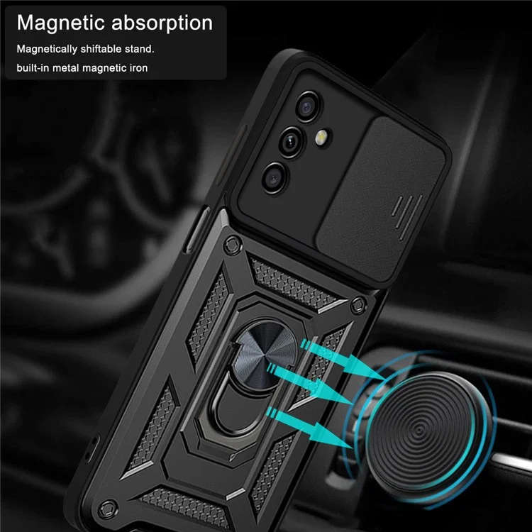 Well-protected Drop-proof Camera Slide Cover Ring Holder Kickstand Design PC + TPU Phone Cover Case for Samsung Galaxy M52 5G - Black