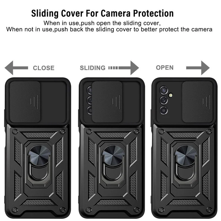 Well-protected Drop-proof Camera Slide Cover Ring Holder Kickstand Design PC + TPU Phone Cover Case for Samsung Galaxy M52 5G - Black