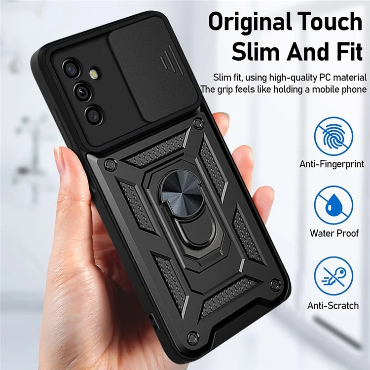 Well-protected Drop-proof Camera Slide Cover Ring Holder Kickstand Design PC + TPU Phone Cover Case for Samsung Galaxy M52 5G - Black