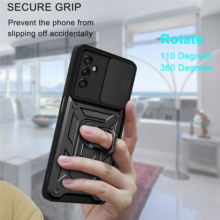 Well-protected Drop-proof Camera Slide Cover Ring Holder Kickstand Design PC + TPU Phone Cover Case for Samsung Galaxy M52 5G - Black