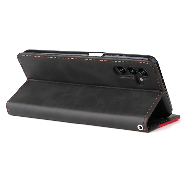Pour Samsung Galaxy A13 5G / A04s 4G (164,7 x 76,7 x 9,1 mm) Bi-color Splicing Business Style Anti-fall Leather Phone Case Stand Wallet Cover - Rouge