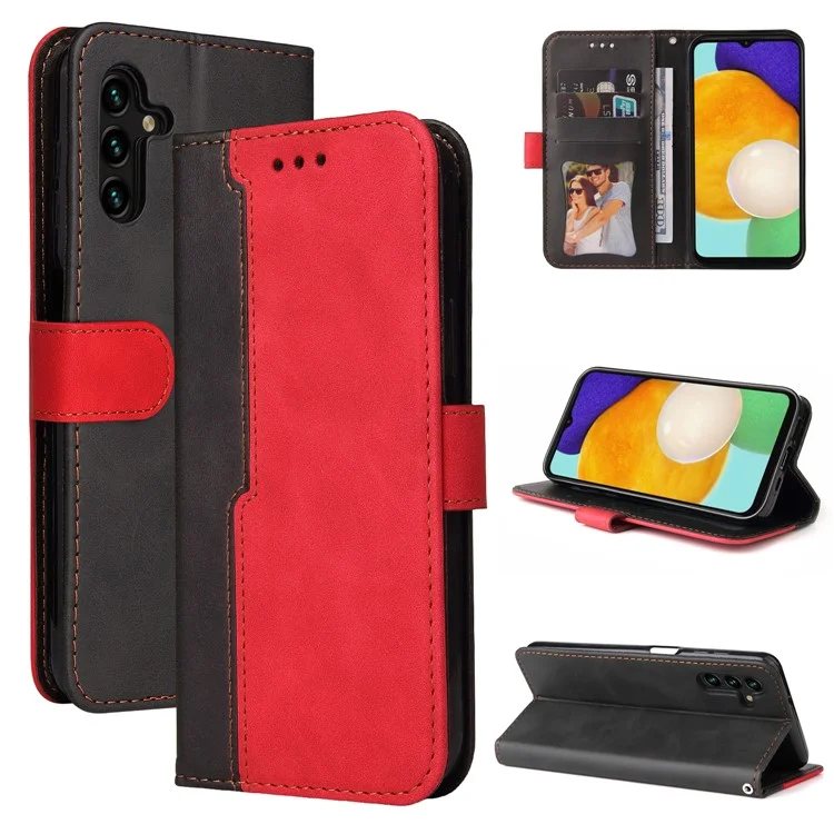 For Samsung Galaxy A13 5G / A04s 4G (164.7 x 76.7 x 9.1 mm) Bi-color Splicing Business Style Anti-fall Leather Phone Case Stand Wallet Cover - Red