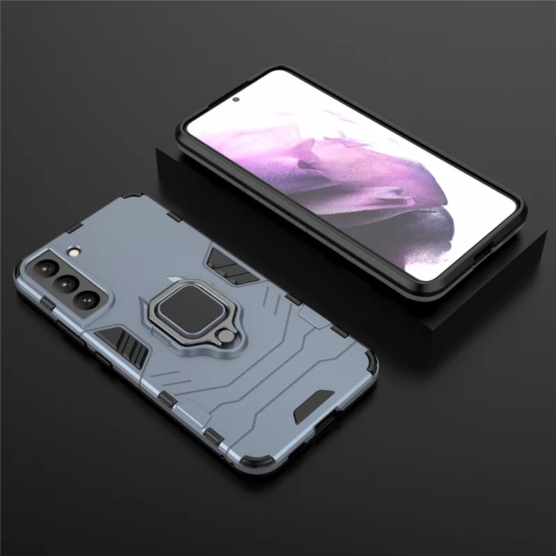 Ring Holder Kickstand Soft TPU Hard PC Scratch-Resistant Protective Back Cover for Samsung Galaxy S22 5G - Dark Blue
