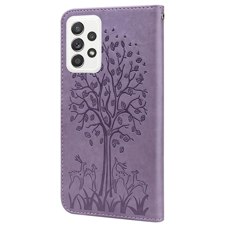 Deer Tree Pattern Imprint PU Leather Wallet Stand Phone Protective Case Cover for Samsung Galaxy A33 5G - Purple