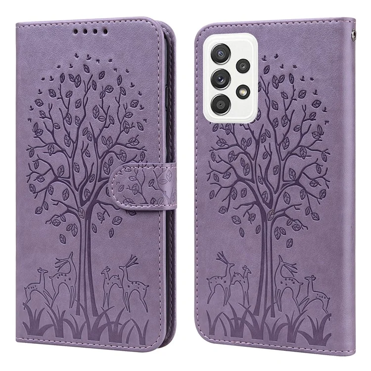 Stylish Deer Tree Pattern Imprint Full-Protection PU Leather Wallet Stand Phone Shell Case for Samsung Galaxy A53 5G - Purple
