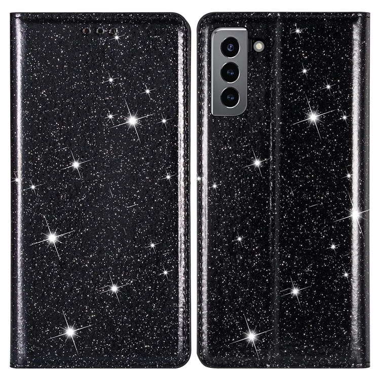 Glitter Powder Ultra-thin Card Slot Stand Leather Case Phone Cover for Samsung Galaxy S22+ 5G - Black