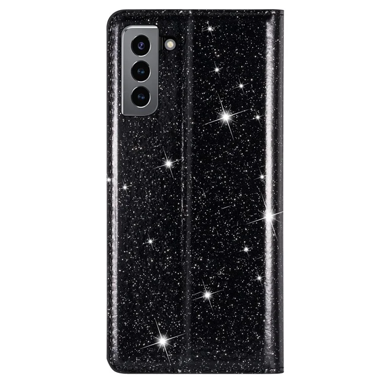 Ultra-thin Glitter Sequin PU Leather Magnetic Auto-absorbed Phone Case Stand Cover with Card Slot for Samsung Galaxy S22 5G - Black