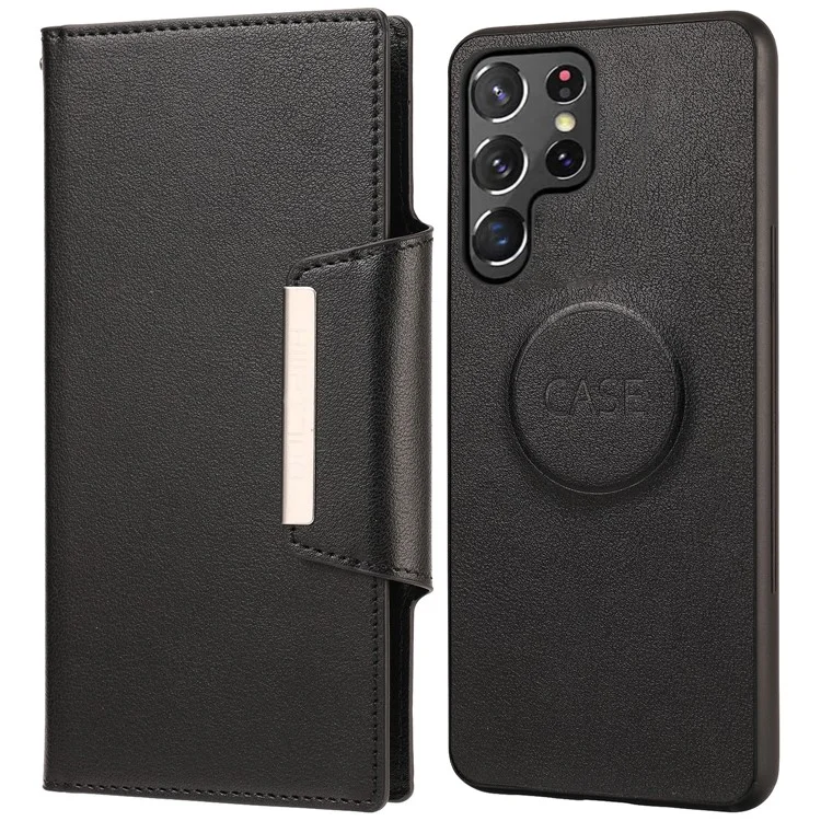 Ultra-thin Detachable Drop-proof Leather Wallet Phone Protective Case Cover for Samsung Galaxy S22 Ultra 5G - Black