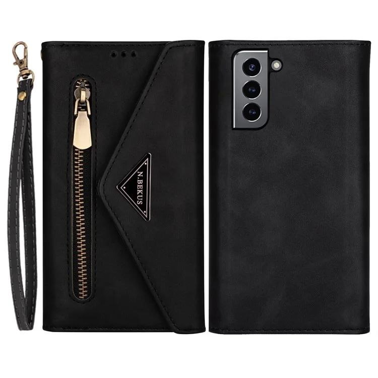 Allround-Schutz-Leder-Reißverschluss-Geldbörse-Designgefühl Lange und kurze Tragegurt-Handyhülle mit Ständer für Samsung Galaxy S22+ 5G - Schwarz