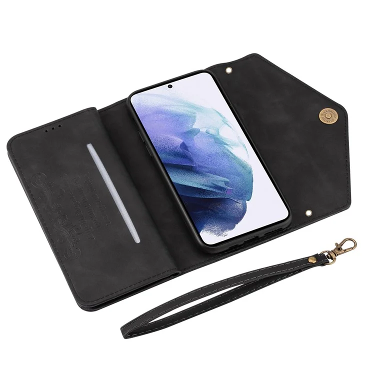 Allround-Schutz-Leder-Reißverschluss-Geldbörse-Designgefühl Lange und kurze Tragegurt-Handyhülle mit Ständer für Samsung Galaxy S22+ 5G - Schwarz