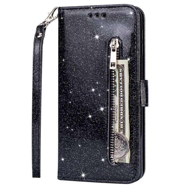 Glitter Sequins Leather Phone Wallet Stand Case Cover with Zipper Pocket Design for Samsung Galaxy S22 5G - Black