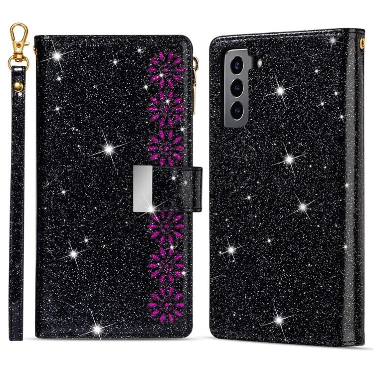 Étui en cuir pour téléphone portable avec fermeture éclair à clip magnétique style étoilé scintillant et support pour Samsung Galaxy S22 5G - Noir
