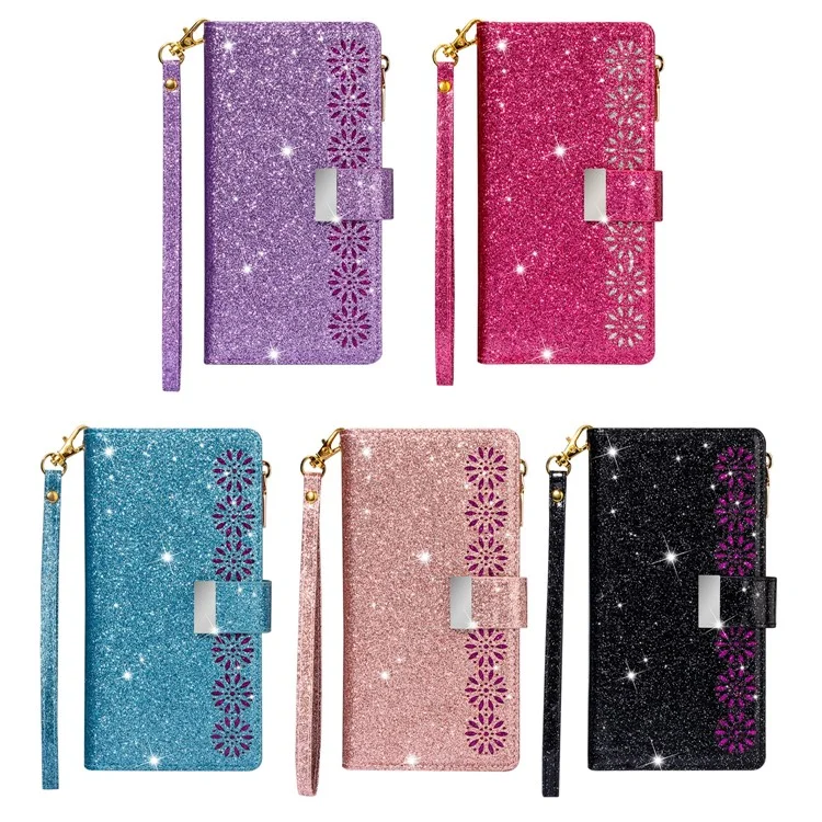 Étui en cuir pour téléphone portable avec fermeture éclair à clip magnétique style étoilé scintillant et support pour Samsung Galaxy S22 5G - Noir