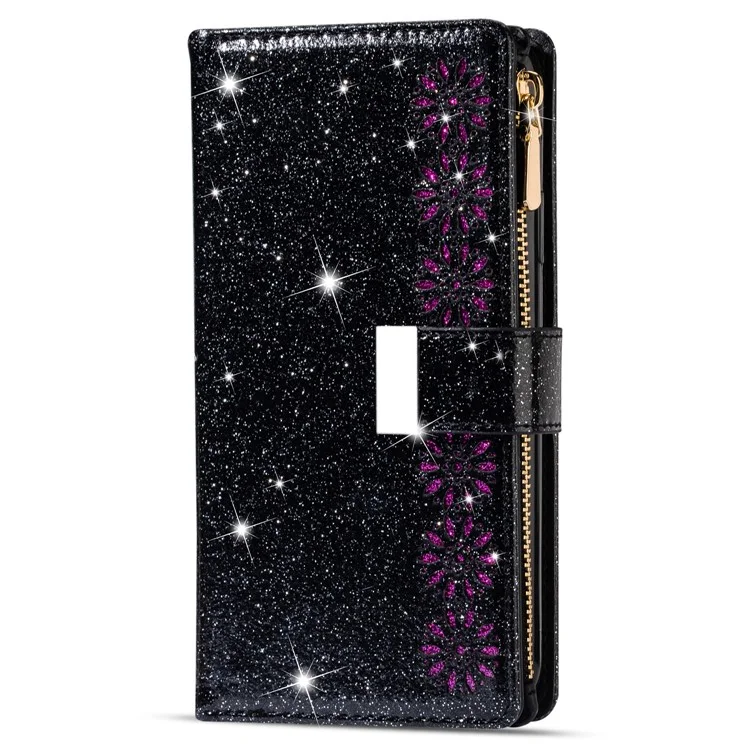 Étui en cuir pour téléphone portable avec fermeture éclair à clip magnétique style étoilé scintillant et support pour Samsung Galaxy S22 5G - Noir