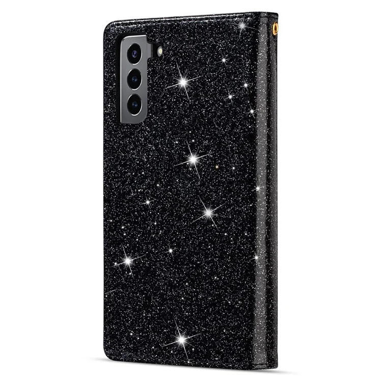 Étui en cuir pour téléphone portable avec fermeture éclair à clip magnétique style étoilé scintillant et support pour Samsung Galaxy S22 5G - Noir