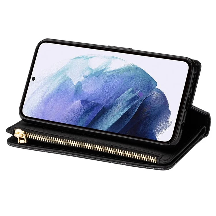 Étui en cuir pour téléphone portable avec fermeture éclair à clip magnétique style étoilé scintillant et support pour Samsung Galaxy S22 5G - Noir