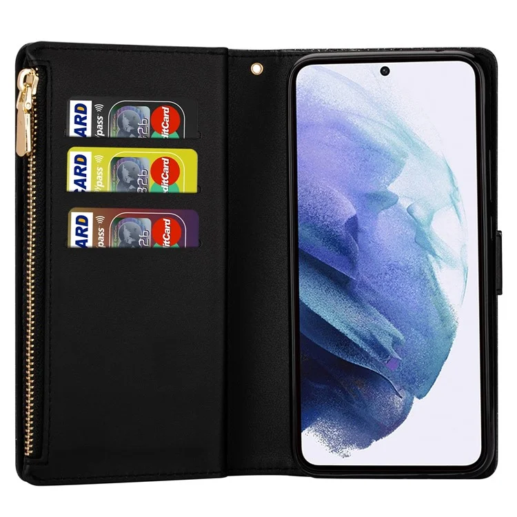 Étui en cuir pour téléphone portable avec fermeture éclair à clip magnétique style étoilé scintillant et support pour Samsung Galaxy S22 5G - Noir