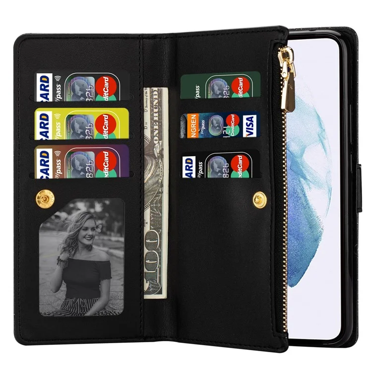 Étui en cuir pour téléphone portable avec fermeture éclair à clip magnétique style étoilé scintillant et support pour Samsung Galaxy S22 5G - Noir