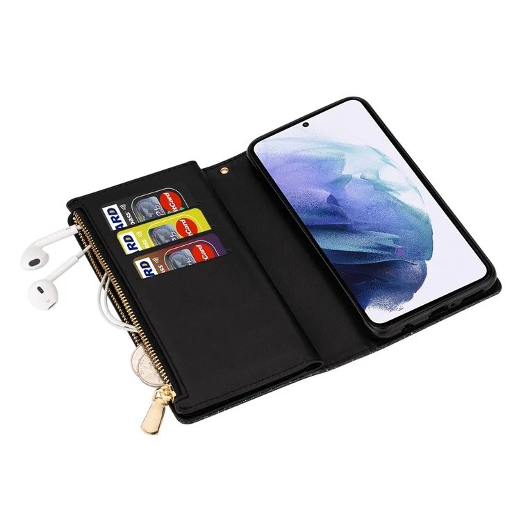 Étui en cuir pour téléphone portable avec fermeture éclair à clip magnétique style étoilé scintillant et support pour Samsung Galaxy S22 5G - Noir