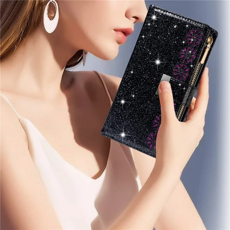 Étui en cuir pour téléphone portable avec fermeture éclair à clip magnétique style étoilé scintillant et support pour Samsung Galaxy S22 5G - Noir