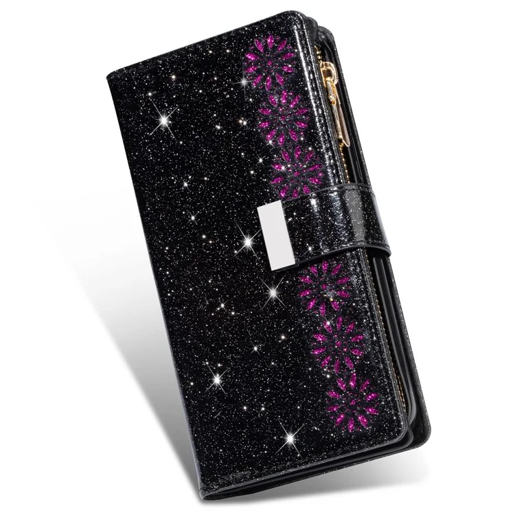 Étui en cuir pour téléphone portable avec fermeture éclair à clip magnétique style étoilé scintillant et support pour Samsung Galaxy S22 5G - Noir