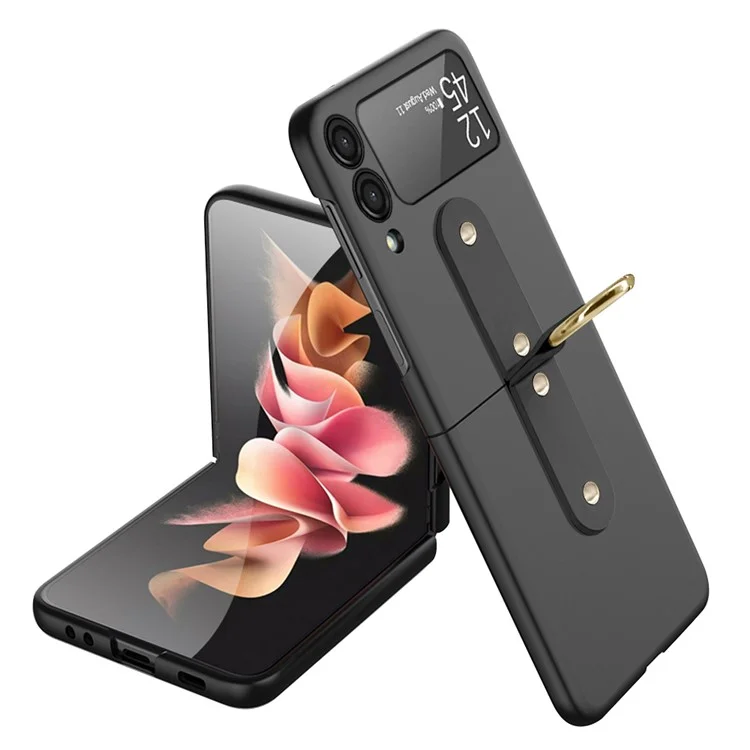 Hard PC Phone Case for Samsung Galaxy Z Flip3 5G Protective Cover Rubberized Flipping Phone Shell with Metal Ring Holder - Black