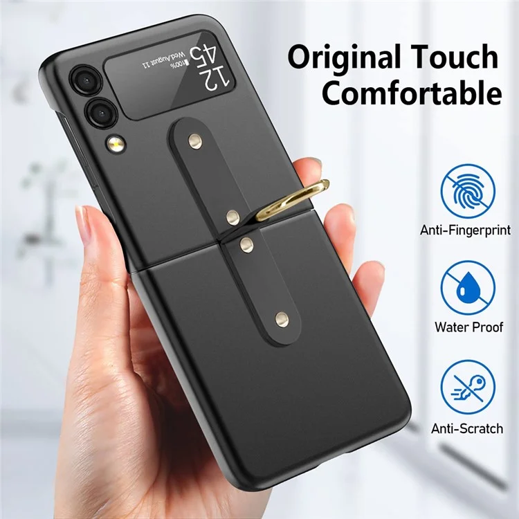 Hard PC Phone Case for Samsung Galaxy Z Flip3 5G Protective Cover Rubberized Flipping Phone Shell with Metal Ring Holder - Black