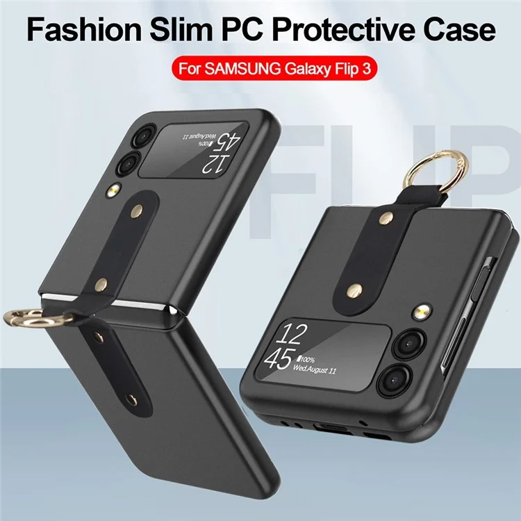 Hard PC Phone Case for Samsung Galaxy Z Flip3 5G Protective Cover Rubberized Flipping Phone Shell with Metal Ring Holder - Black