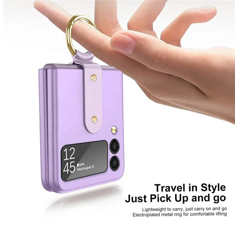 Hard PC Phone Case for Samsung Galaxy Z Flip3 5G Protective Cover Rubberized Flipping Phone Shell with Metal Ring Holder - Black