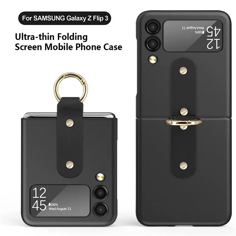 Hard PC Phone Case for Samsung Galaxy Z Flip3 5G Protective Cover Rubberized Flipping Phone Shell with Metal Ring Holder - Black