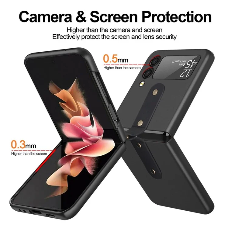 Hard PC Phone Case for Samsung Galaxy Z Flip3 5G Protective Cover Rubberized Flipping Phone Shell with Metal Ring Holder - Black