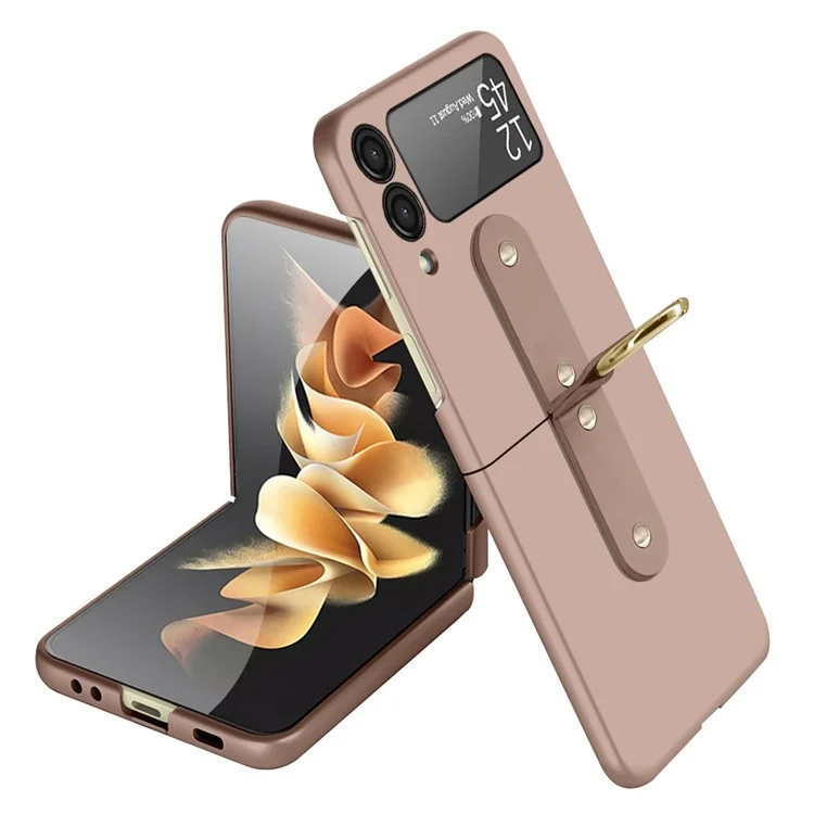 Hard PC Phone Case for Samsung Galaxy Z Flip3 5G Protective Cover Rubberized Flipping Phone Shell with Metal Ring Holder - Rose Gold