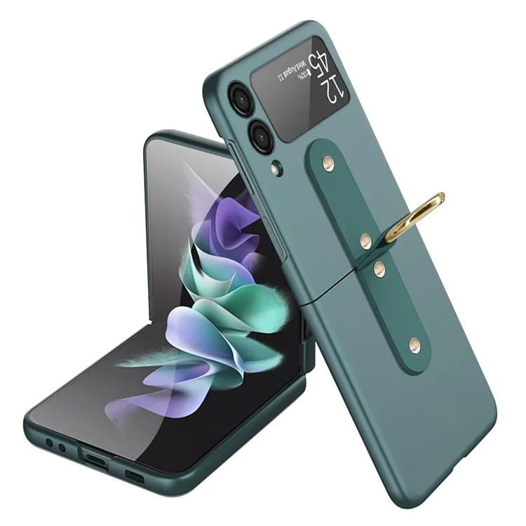 Hard PC Phone Case for Samsung Galaxy Z Flip3 5G Protective Cover Rubberized Flipping Phone Shell with Metal Ring Holder - Green
