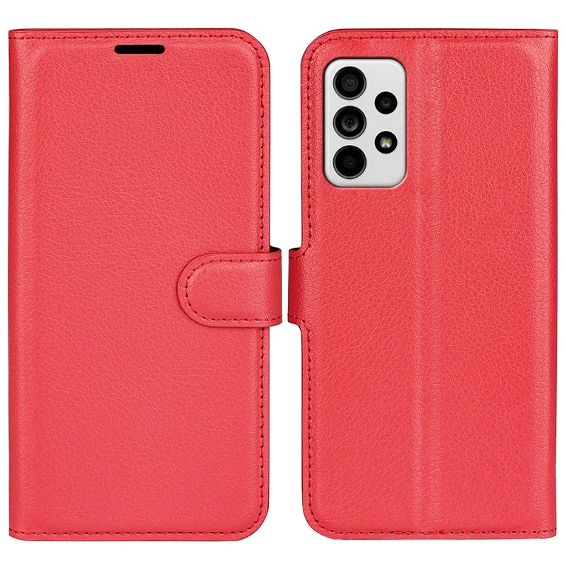 For Samsung Galaxy A33 5G Litchi Texture PU Leather Flip Stand Case Wallet Style Magnetic Clasp Protective Phone Cover - Red