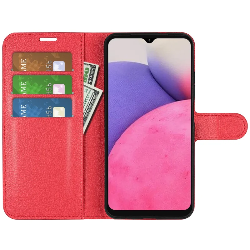 For Samsung Galaxy A33 5G Litchi Texture PU Leather Flip Stand Case Wallet Style Magnetic Clasp Protective Phone Cover - Red