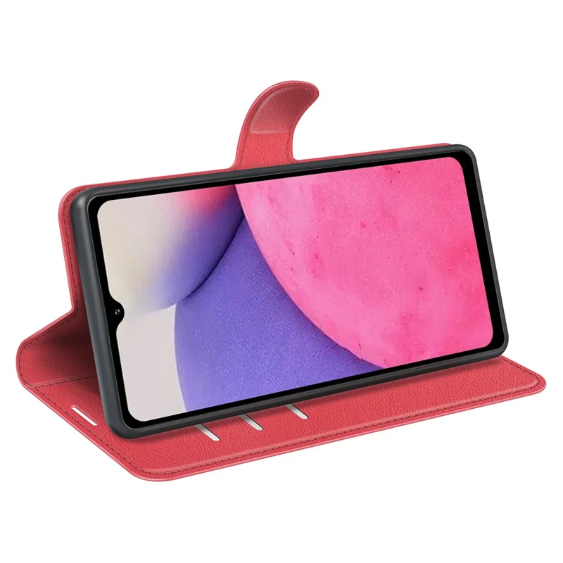 For Samsung Galaxy A33 5G Litchi Texture PU Leather Flip Stand Case Wallet Style Magnetic Clasp Protective Phone Cover - Red